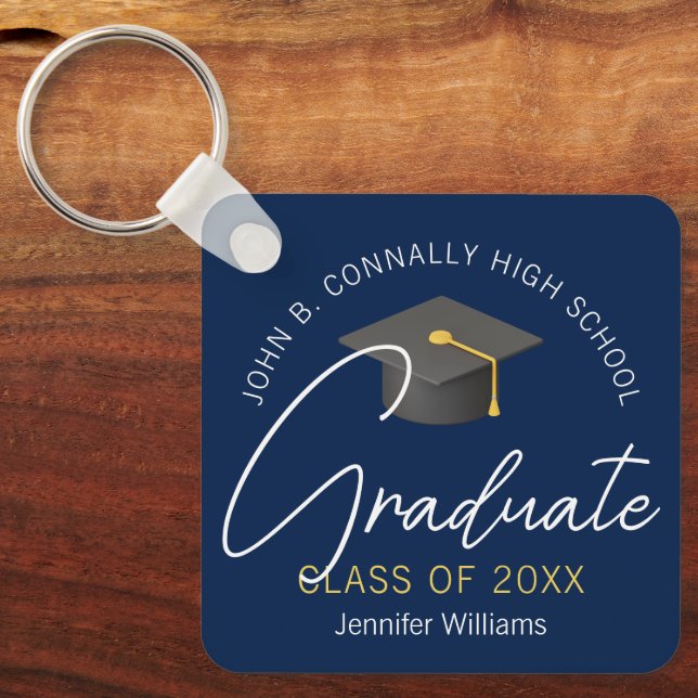 Modern Navy Blue Graduate Customized Graduation Keychain (Front)