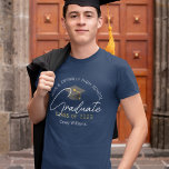 Modern Navy Blue Graduate Personalized Graduation T-Shirt<br><div class="desc">This personalized,  modern navy blue graduate t-shirt features sophisticated handwritten white script under a modern grey graduation cap with gold tassel. Customize this keepsake tee with your high school,  college,  or university name in a classy arc above the graduating year for the Class of 2025.</div>