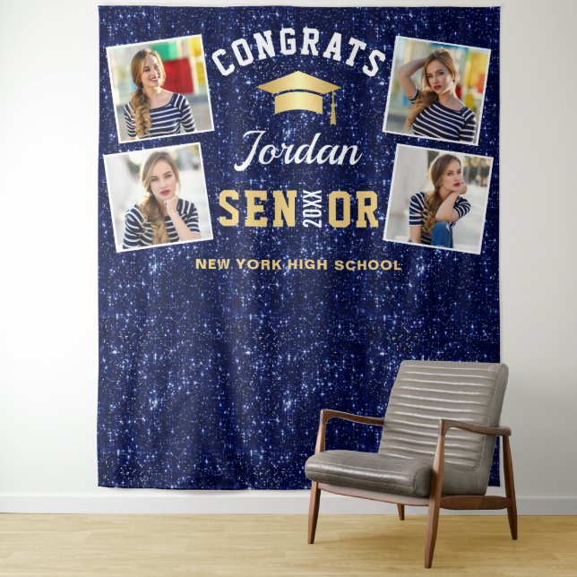 Modern Navy Blue Graduation 4 Photo Booth Backdrop (In Situ)