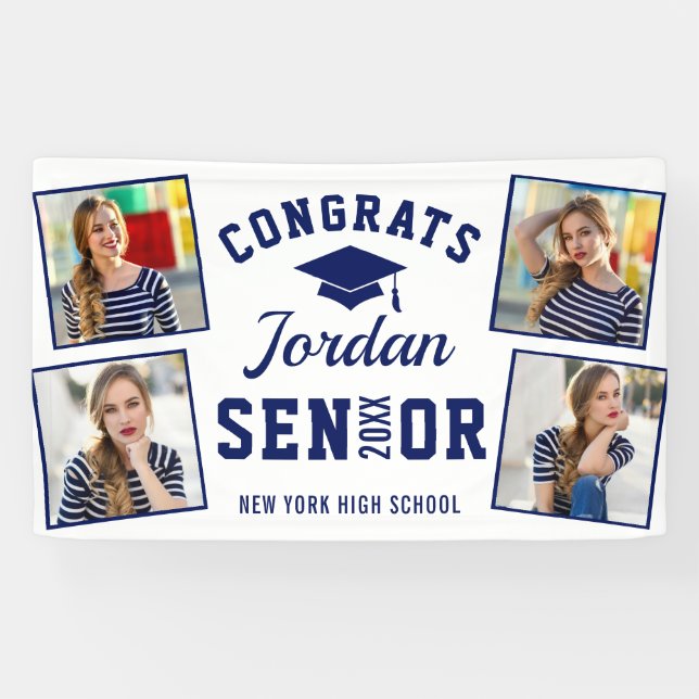 Modern Navy Blue Graduation Class of 2026 4 PHOTO Banner (Horizontal)