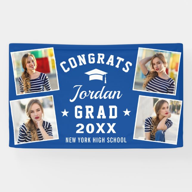 Modern Navy Blue Graduation Class of 2026 4 PHOTO Banner (Horizontal)