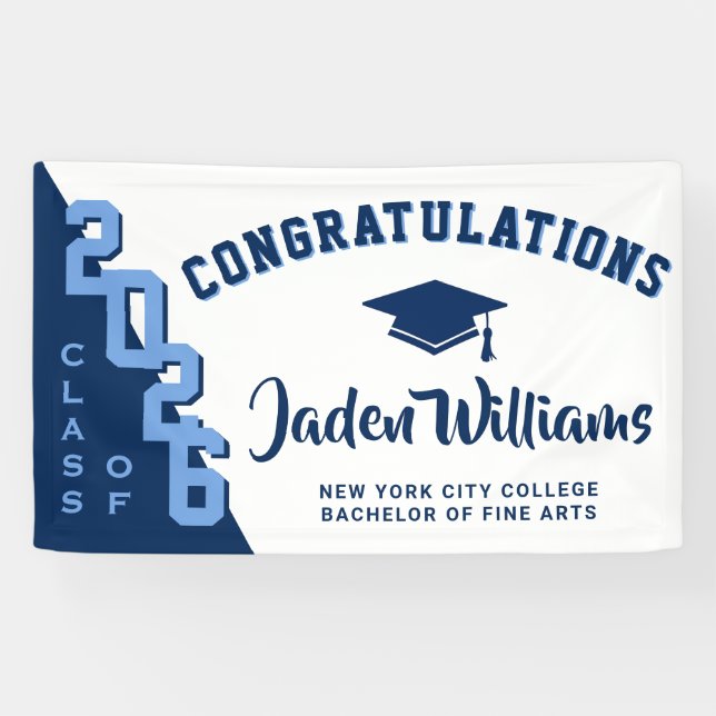 Modern Navy Blue Graduation Class of 2026 Party Banner (Horizontal)