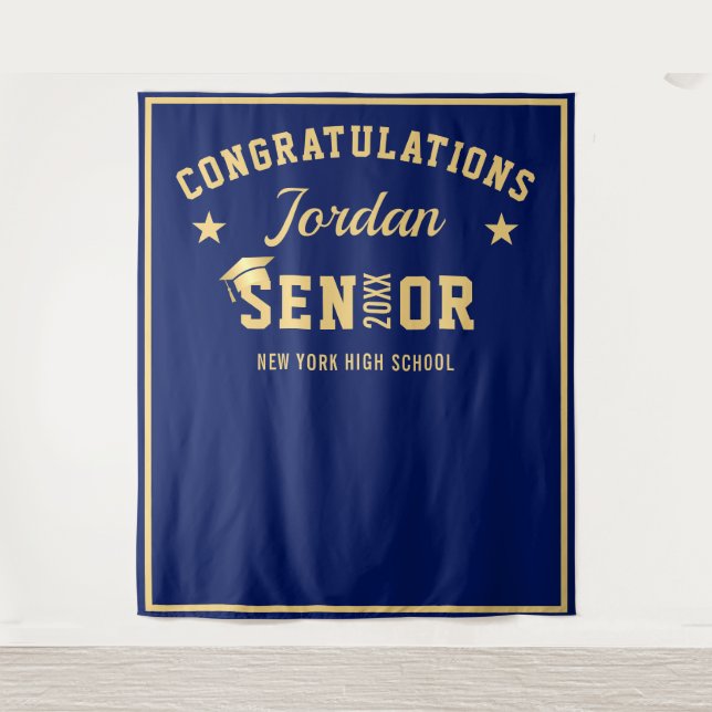 Modern Navy Blue Graduation Photo Booth Backdrop (Front)
