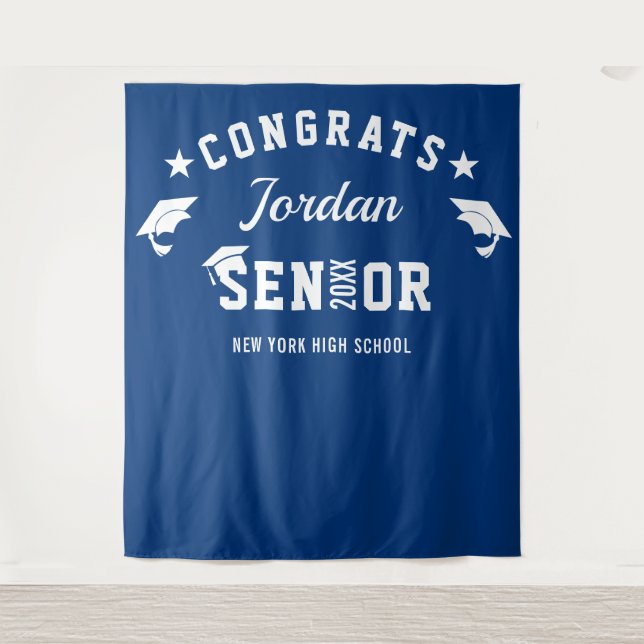 Modern Navy Blue Graduation Photo Booth Backdrop (Front)