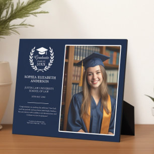 Modern Navy Blue Graduation Photo & Emblem Memory Plaque