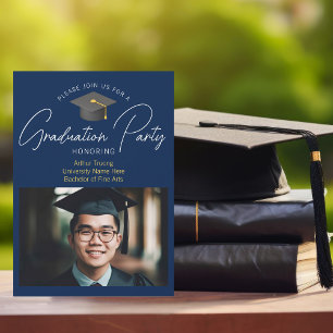 Modern Navy Blue Graduation Photo Party Invitation