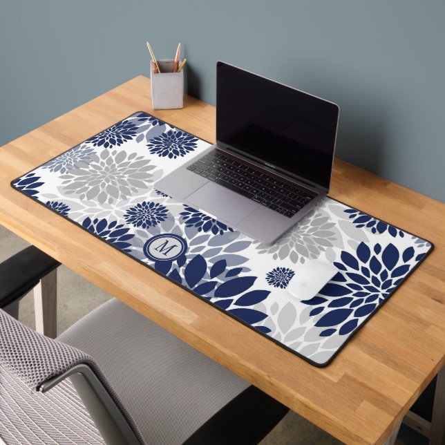 Modern Navy Blue Gray Flower Pattern Desk Mat (Office 2)