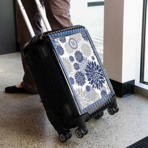 Modern Navy Blue Gray Flower Pattern Monogram Luggage
