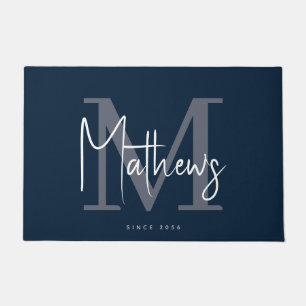 Modern Navy Blue Gray Monogram Family Name Doormat
