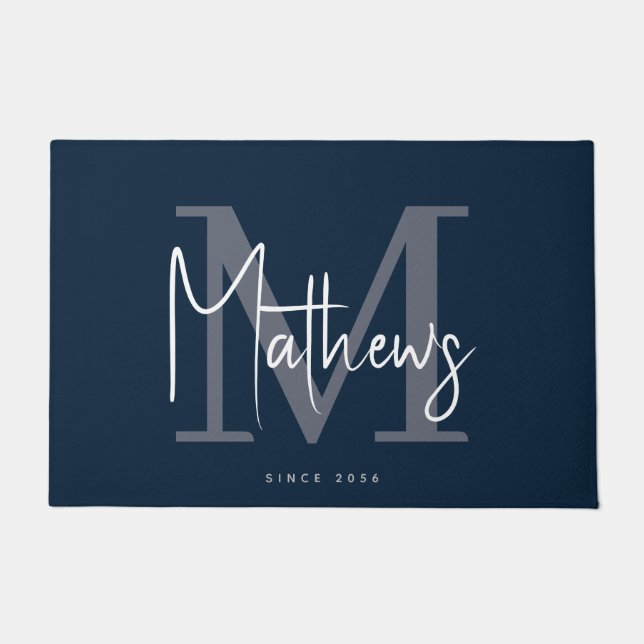 Modern Navy Blue Gray Monogram Family Name Doormat (Front)