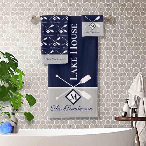 Modern Navy Blue Gray Monogram Lake House Nautical Bath Towel Set