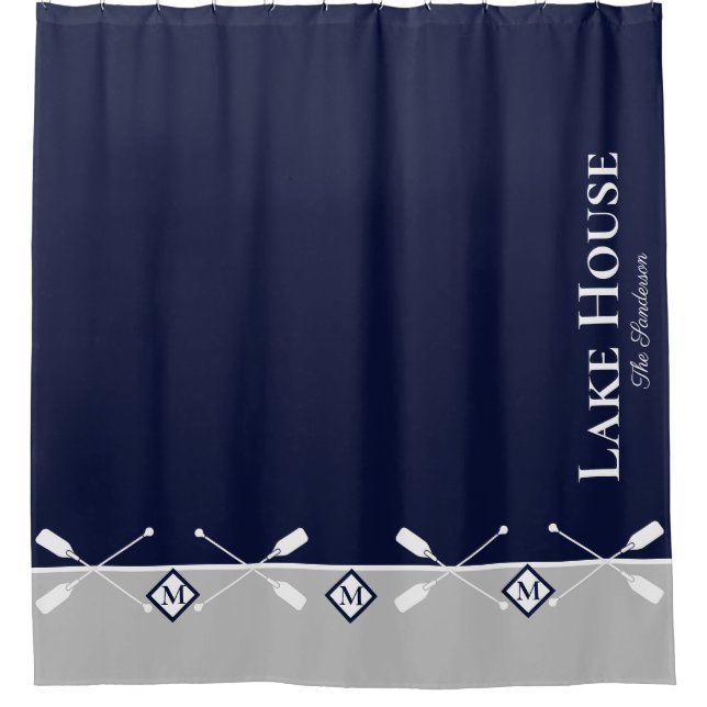 Modern Navy Blue Gray Monogram Lake House Nautical Shower Curtain (Front)