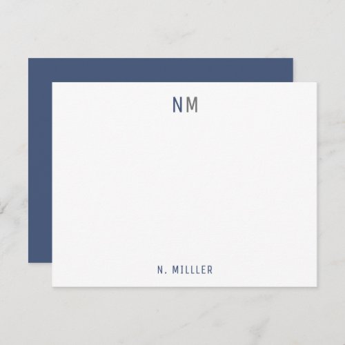 Modern Navy Blue Gray Monogram Two Initials Flat Note Card
