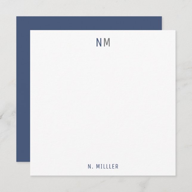 Modern Navy Blue Gray Monogram Two Initials Flat Note Card (Front/Back)