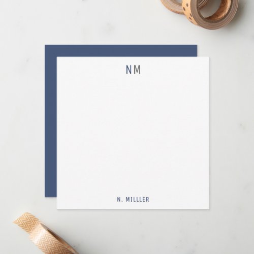 Modern Navy Blue Gray Monogram Two Initials Flat Note Card
