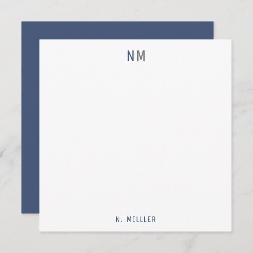 Modern Navy Blue Gray Monogram Two Initials Flat Note Card