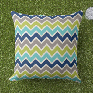Modern Navy Blue Green and Gray Chevron Throw Pillow