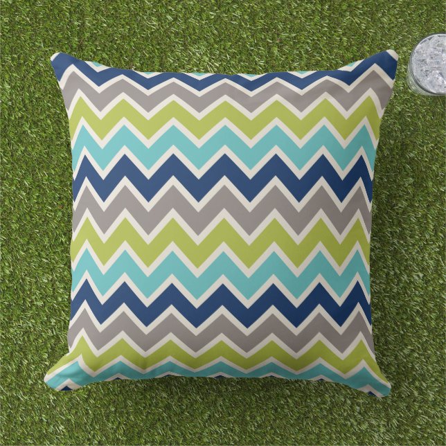 Modern Navy Blue Green and Gray Chevron Throw Pillow (Grass)