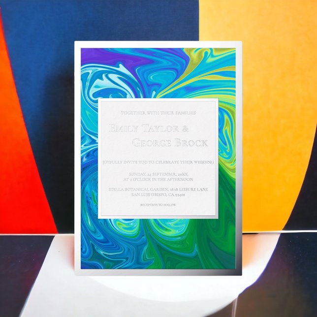 Modern Navy Blue Green Waves Abstract Art Wedding Foil Invitation (Creator Uploaded)