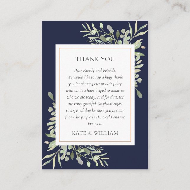 Modern Navy Blue Greenery Wedding Thank You Place Card (Front)