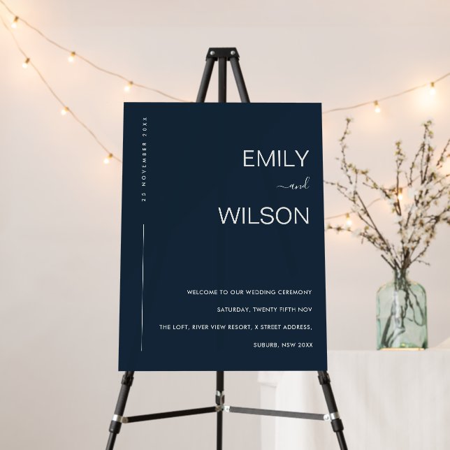 Modern Navy Blue Grey Typography Wedding Welcome Foam Board (In Situ (Stand))