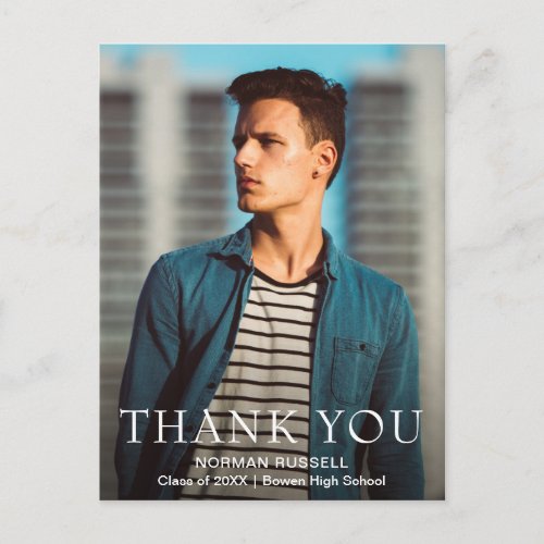 Modern Navy Blue Guy Photo Graduation Thank You Postcard