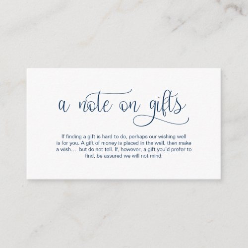 Modern Navy Blue Hand Lettered A note on gifts Enclosure Card