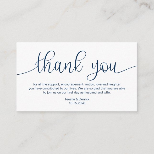 Modern Navy Blue Hand Lettered, Wedding Thank you Enclosure Card (Front)
