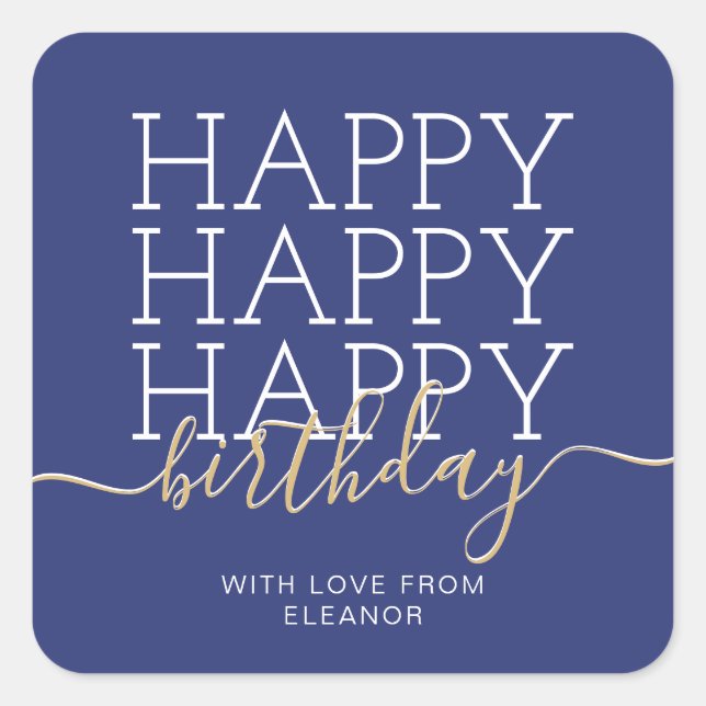 Modern navy blue Happy Birthday Square Sticker (Front)
