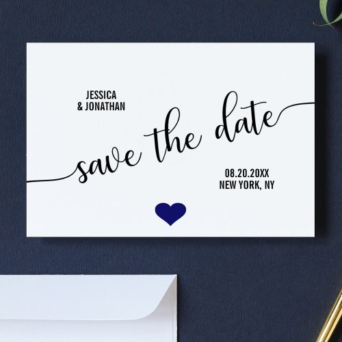 Modern Navy Blue Heart Wedding SAVE THE DATE Announcement Postcard