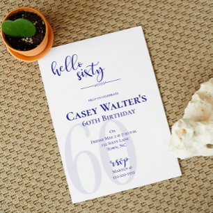 Modern Navy Blue Hello Sixty Birthday Invitations