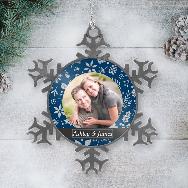 Modern Navy Blue Holiday Foliage Couple Photo Snowflake Pewter Christmas Ornament (Creator Uploaded)