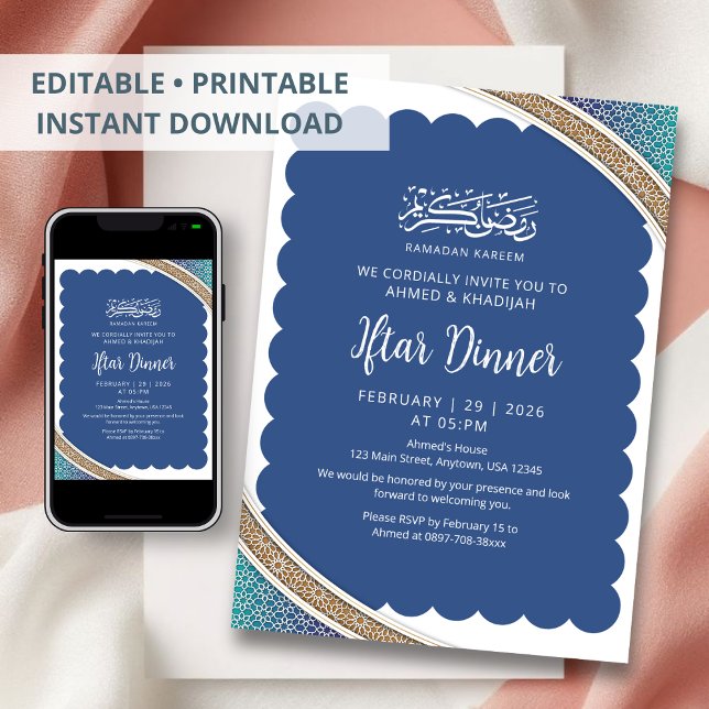 Modern Navy Blue Islamic Geometric Iftar Dinner Invitation (Creator Uploaded)