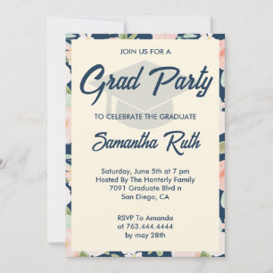 Modern Navy Blue Ivory Floral Graduation Party Invitation