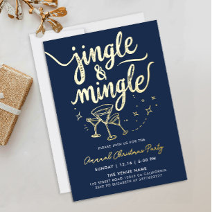 Modern Navy Blue Jingle And Mingle Cocktail Script Foil Invitation