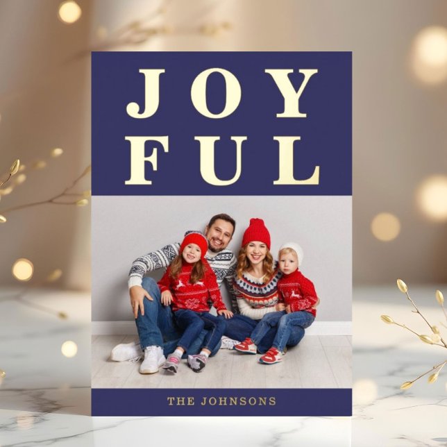 Modern Navy Blue Joyful Photo Christmas Gold Foil Holiday Card (Modern Navy Blue Joyful Photo Christmas Gold Foil Holiday Card)