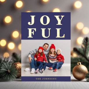 Modern Navy Blue Joyful Photo Christmas Gold Foil Holiday Card