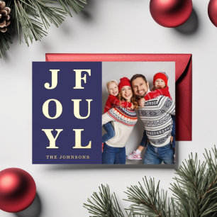 Modern Navy Blue Joyful Photo Christmas Gold Foil Holiday Card