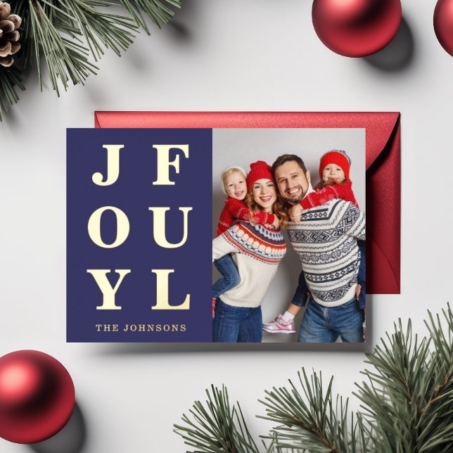 Modern Navy Blue Joyful Photo Christmas Gold Foil Holiday Card (Modern Navy Blue Joyful Photo Christmas Gold Foil Holiday Card)