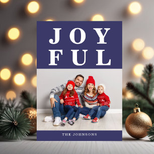 Modern Navy Blue Joyful Photo Christmas Holiday Card