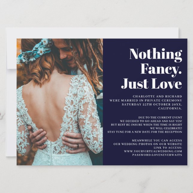 Modern navy blue just love elopement wedding photo announcement (Front)