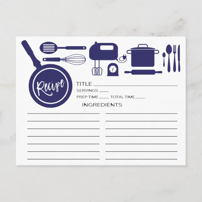 Modern Navy Blue Kitchen Utensils Recipe Card | Zazzle