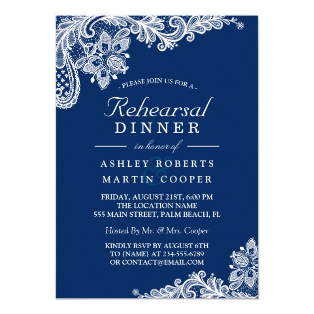 Modern Navy Blue Lace Wedding Rehearsal Dinner Invitation