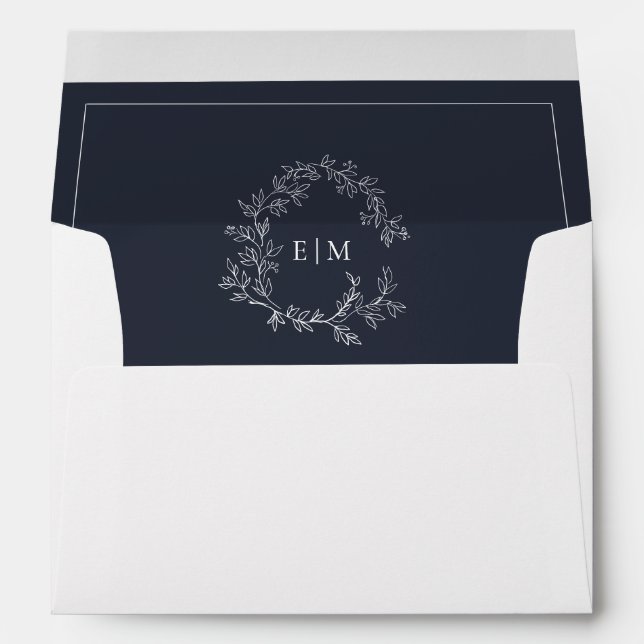 Modern Navy Blue Leafy Crest Monogram Wedding Envelope (Back (Bottom))