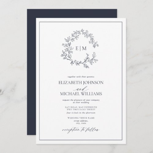 Modern Navy Blue Leafy Crest Monogram Wedding Invitation - We're loving this trendy, modern Navy Blue wedding invitation! Simple, elegant, and oh-so-pretty, it features a hand drawn leafy wreath encircling a modern wedding monogram. It is personalized in elegant typography, and accented with hand-lettered calligraphy. Finally, it is trimmed in a delicate frame. Veiw suite here: 
https://www.zazzle.com/collections/navy_blue_leafy_crest_monogram_wedding-119864452128446505 Contact designer for matching products to complete the suite, OR for color variations of this design. Thank you sooo much for supporting our small business, we really appreciate it! 
We are so happy you love this design as much as we do, and would love to invite
you to be part of our new private Facebook group Wedding Planning Tips for Busy Brides. 
Join to receive the latest on sales, new releases and more! 
https://www.facebook.com/groups/622298402544171  
Copyright Anastasia Surridge for Elegant Invites, all rights reserved.