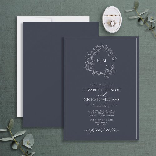 Modern Navy Blue Leafy Crest Monogram Wedding Invitation