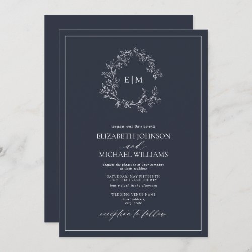 Modern Navy Blue Leafy Crest Monogram Wedding Invitation - We're loving this trendy, modern Navy Blue wedding invitation! Simple, elegant, and oh-so-pretty, it features a hand drawn leafy wreath encircling a modern wedding monogram. It is personalized in elegant typography, and accented with hand-lettered calligraphy. Finally, it is trimmed in a delicate frame. Veiw suite here: 
https://www.zazzle.com/collections/navy_blue_leafy_crest_monogram_wedding-119864452128446505 Contact designer for matching products to complete the suite, OR for color variations of this design. Thank you sooo much for supporting our small business, we really appreciate it! 
We are so happy you love this design as much as we do, and would love to invite
you to be part of our new private Facebook group Wedding Planning Tips for Busy Brides. 
Join to receive the latest on sales, new releases and more! 
https://www.facebook.com/groups/622298402544171  
Copyright Anastasia Surridge for Elegant Invites, all rights reserved.
