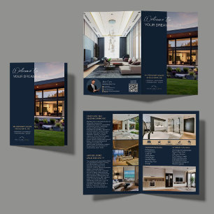 Modern Navy Blue Luxury Realtor Tri-Fold Property Brochure