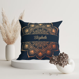 Modern Navy Blue Mandala Custom Name Throw Pillow