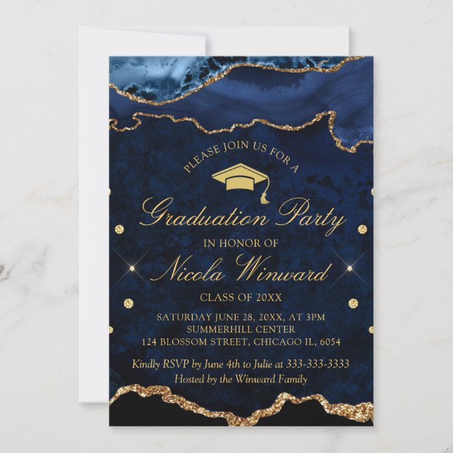 Modern Navy Blue Marble Agate Graduation Party Invitation (Front)